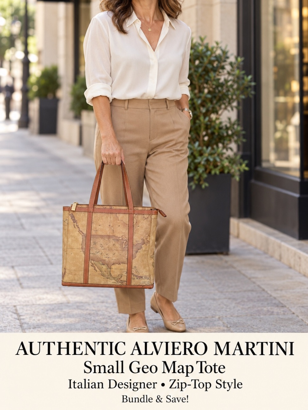 Alviero Martini Authentic designer Italian Map-Print Tote in Tan and Brown